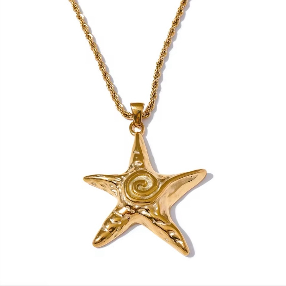 Stainless Steel Starfish Pendant Necklace Rust Proof Statement 18K Gold Plated